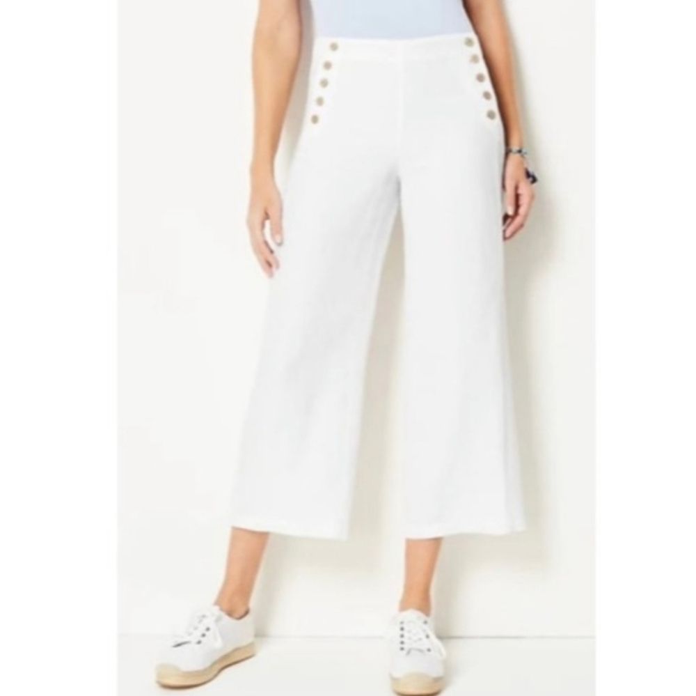 J. Jill White Wide-Leg Linen Sailor Pants Gold Buttons 2x